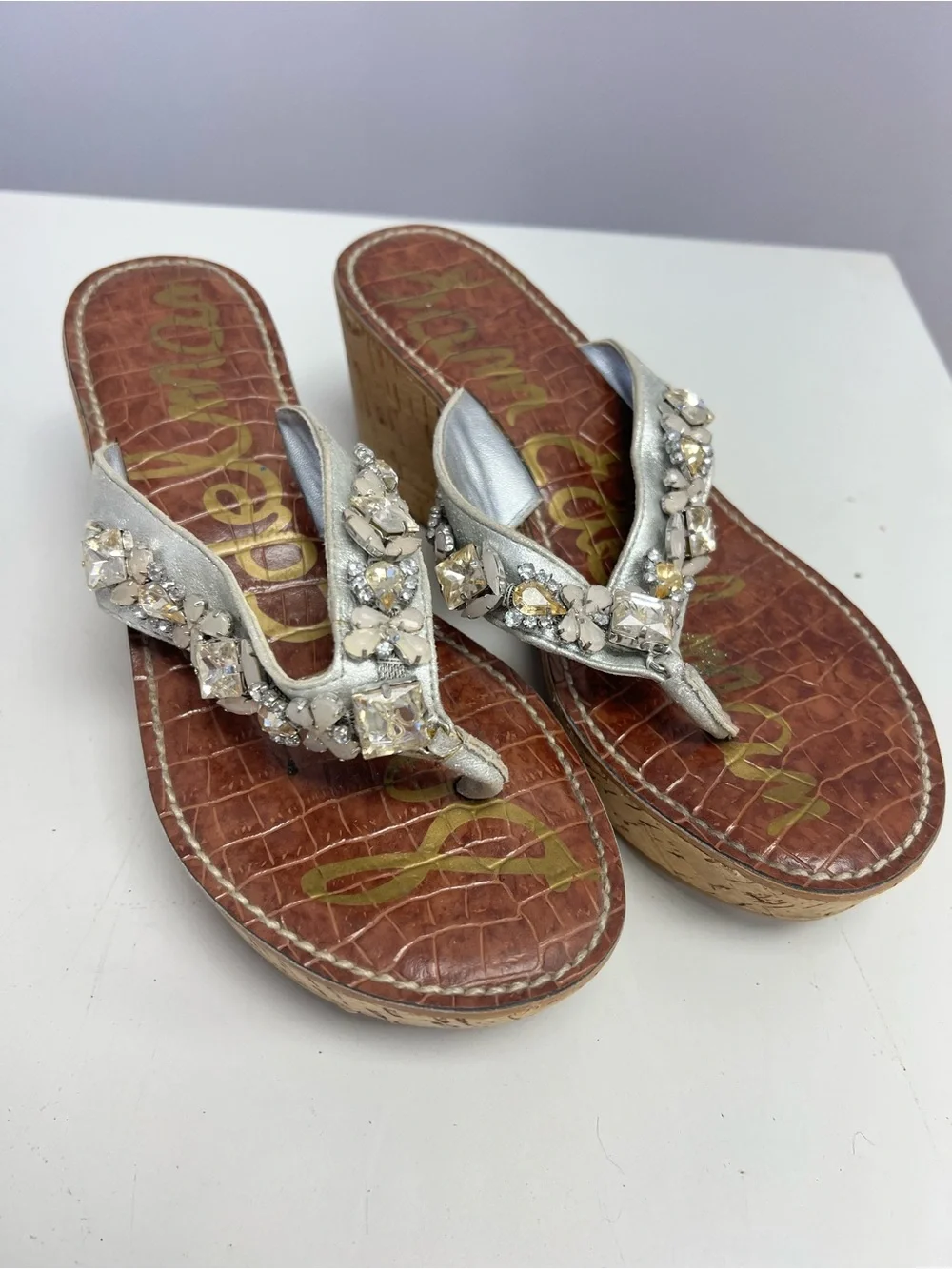 Sam Edelman Silver Jeweled Cork Wedge Thong Sandals Women’s 7.5